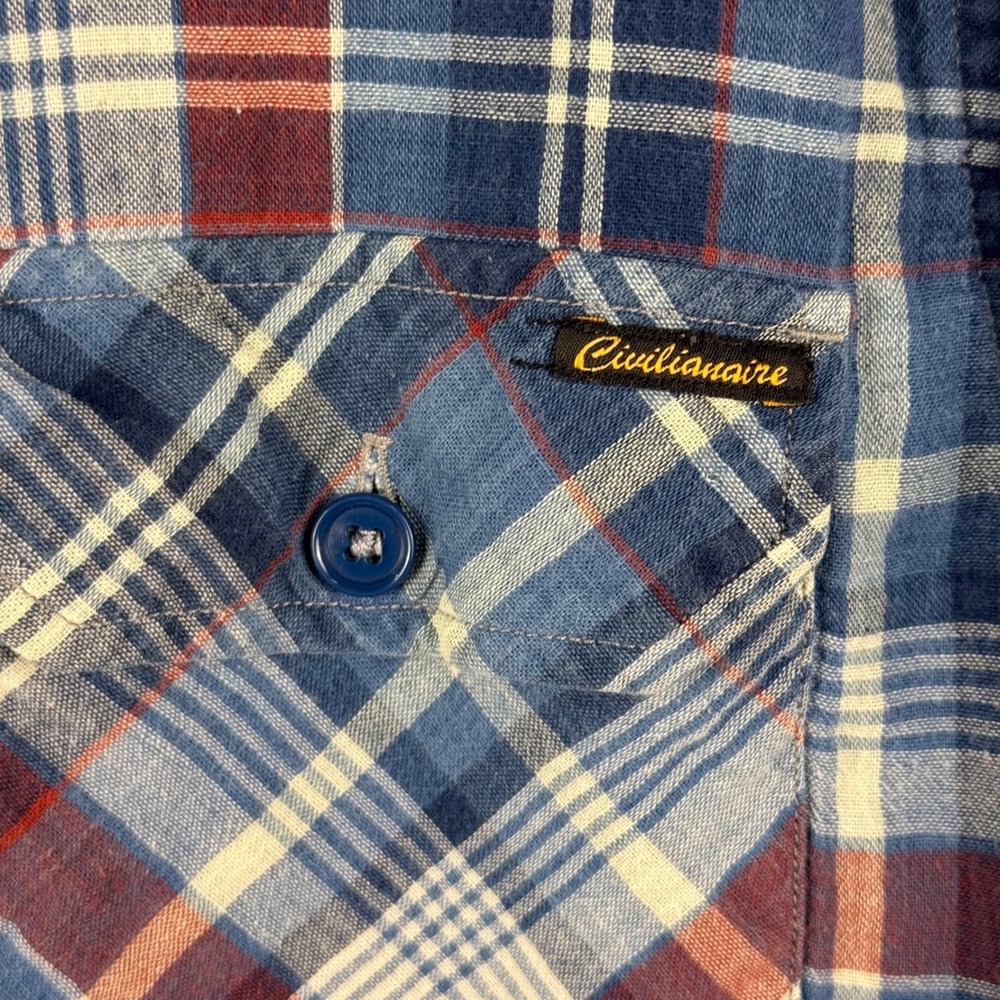 Civilianaire Shirt Mens Large Blue Plaid Flannel‎ Sport Shirt Made in USA Button